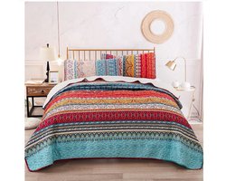 WNHB® Sprei 240x260 cm - Boho Style Quilt - Gewatteerde Microvezel Deken - 3 Delige Set met 2 Kussenslopen - Tweepersoonsbed - Slaapkamer