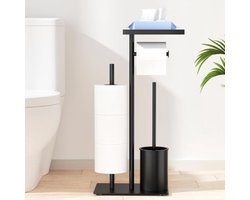 WNHB® WC Rolhouder met Toiletborstel en Doekjeshouder - Staand - RVS - Glazen Plank - Zwart Mat - Alles in Eén WC Butler
