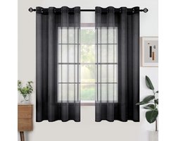 Woaboy voile gordijnen, korte gordijnen, transparant voor de woonkamer met oogjes, vitrages voor de slaapkamer, gordijn met ringen, paneelgordijn, lussengordijnen, modern, set van 2, 140 x 175 cm (B x H), zwart