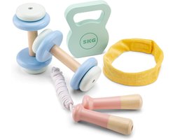 Woet® Houten Fitness Set voor Kinderen - Speelgoedset met 5 Onderdelen - Inclusief Gewichten, Springtouw en Haarband - FSC - Rollenspel Sport - Vanaf 3 Jaar