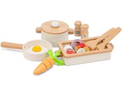 Woet® Houten Pannenset met Ovenschaal Wit - 20-delige Set met Groente en Kookgerei - Speelgoed Keukenset - Speelgoedkeuken Accessoires voor Kinderen - Rollenspel Keukenspeelgoed - Vanaf 24 Maanden