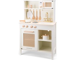 Woet® Houten Speelgoed Kinderkeuken - Speelkeukentje met Rotan Details en Gouden Kraan - Speelkeuken Gebroken Wit met Diverse Accessoires - Werkbladhoogte 55 cm - Rollenspel - Vanaf 3 Jaar