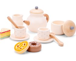 Woet® Houten Theeservies Crème - 14-delige Theeset met Theepot, Kopjes en Gebakjes - Rollenspel Servies Speelgoed - Vanaf 2 Jaar