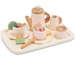 Woet® Houten Theeservies Roze - 16-delige Theeset met Dienblad, Theepot, Kopjes en Theezakjes - FSC - Rollenspel Servies Speelgoed - Vanaf 2 Jaar
