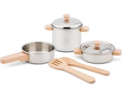 Woet® Metalen Pannenset - 7-delige Set met Houten Kookgerei - Speelgoed Keukenset - Speelgoedkeuken Accessoires voor Kinderen - Rollenspel Keukenspeelgoed - Vanaf 2 Jaar