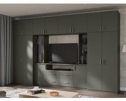 Wohnwand Modern 7in1 Wohnzimmer Möbel 380 cm x 54 cm x 240 cm – Schrankwand mit Kleiderschränken, RTV-Auszug, Vitrinen mit Rauchglas & Hängeschränken – Grau Graphit – Abkantoor