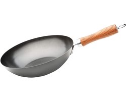 Wokpan inductie 24 cm anti-aanbaklaag kwantanium milieuvriendelijk 3 lagen koolstofstaal houtlook - geschikt voor alle kookplaten gas Wokpan inductie