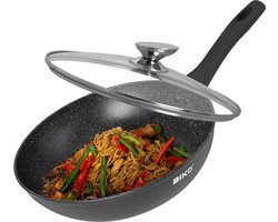 Wokpan inductie - 28 Cm - Pan Met Anti-Aanbaklaag - Wokpan met deksel Voor Alle Warmtebronnen- PFOA Vrij - Softtouch Koudgreep - Marmeren Coating -