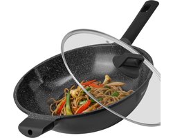 Wokpan inductie 32 Cm - Pan Met Anti-Aanbaklaag - Wokpan met deksel Voor Alle Warmtebronnen- PFAS Vrij - Softtouch Koudgreep - Marmeren Coating