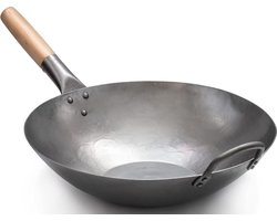 Wokpan inductie Platte Hand Gehamerd Carbon Staal Pow Wok met Houten en Stalen Helper Handgreep - 731W316 - 355 cm platte bodem Wokpan inductie