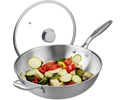 Wokpan rvs - zonder antiaanbaklaag - 32 cm - met deksel - gas - elektrisch - inductie