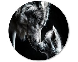 Wolf en puppy in zwart-wit - Wolf muurdecoratie rond - Wandpaneel dieren - Realisme kunststroming - Forex decoratie rond - Kunst voor landelijke interieurs - muurcirkel forex 40x40 cm
