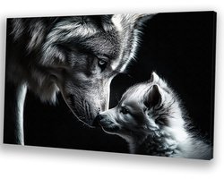 Wolf en puppy in zwart-wit - Wolf portret - Kunstwerk dieren - Realisme kunststroming - Klassieke schilderijen - Muur kunst - canvas 120x80 cm