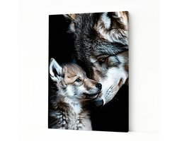 Wolf en welp - Wanddecoratie - Kunstwerk - Canvas schilderij - 40x60 cm