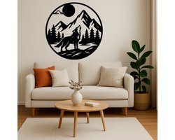 Wolf in Cirkel Wanddecoratie Hout – Natuur Muurdecoratie – Lasergesneden Dieren Design – Uniek Cadeau voor Natuurliefhebber – Woonkamer & Kantoor Decor – 50 cm Breed