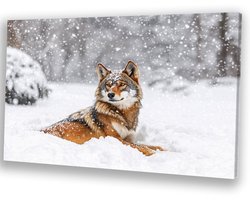 Wolf in de sneeuwval - Wolf schilderij op canvas - Wandkunst dieren - Hyperrealisme - Wanddecoratie klassiek - Woonkamer decoratie - canvas 100x75 cm