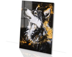 Wolf in zwart-wit met goud - Wolf glasschilderijen - Wanddecoratie glas dier - Expressionisme - Kunst op acrylaat - Wanddecoratie kinderkamer - acrylglas 70x105 cm