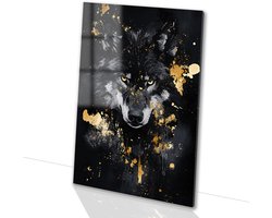 Wolf met abstracte gouden spetters - Wolf glas schilderijen - Muurkunst dieren - Digital Art - Plexiglas schilderijen - Woonaccessoires - acrylglas 70x105 cm