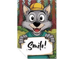 Wolf met vrolijke boodschap - Wolf tuindecoratie - Tuinmuurdecoratie dieren - Digital Art - Tuinposter op maat - Tuinposter op maat - tuinposter 80x120 cm
