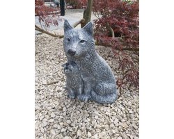 Wolf met Welp Tuinbeeld - 30cm Hoog - Grijs Beton - Winterhard Decoratiebeeld voor Binnen & Buiten