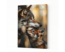 Wolf met welp - Wandkunst - Muurdecoratie - Canvas schilderij - 30x45 cm