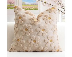 Wollen Bloem Kussensloop - Decoratief Sierkussen - Interieur Verfraaien - Zacht Pluche Fluweel - 50x50 cm - Beige Bruin