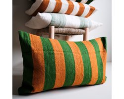 Wollen Kussen - groen / mosterd - grote streep