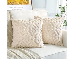 Wollen Kussenhoezen Set - Luxe Decoratief - 2 Stuks - Crème-Beige - Pluche - 45x45 cm