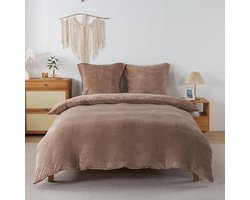 Wollig beddengoed, 240 x 220 cm, koffiebruin, 3-delige set, warm winterdekbedovertrek en 2 kussenslopen van 80 x 80 cm, behaaglijk, zacht, voelt aan als kasjmier, flanel, fleece