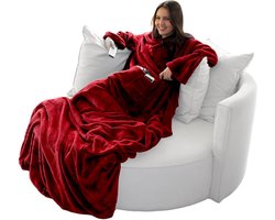 Wollige tv-deken met mouwen 150x180 cm in kasjmier gevoel - voetenzak en 2 zakken - knuffeldeken sprei rood