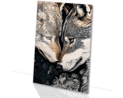 Wolven met florale details - Wolf glasschilderijen - Muurdecoratie glas wolven - Realistische kunst - Plexiglas schilderijen - Woondecoratie - Glasschilderij 40x60 cm