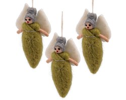 Wolvilt Hangers Engeltjes - Lichtgroen - Set 3 stuks - Fairtrade Homedeco - 13x7cm