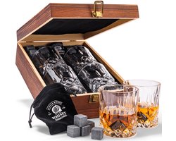 WOMA Luxe Whiskey Set Incl. 4 Tumbler Glazen, 8 Basalt Whiskey Stenen, Fluwelen Opbergzakje & Luxe Houten Opbergbox - 300 ml whiskey glazen - Geschenkset Mannen - Mannen Cadeau