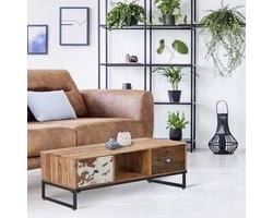 WOMO-DESIGN taipei tvlowboard tvmeubel met 2 lades en open vak 110x50x40 cm handgemaakt uit massief acaciahout en bielzenhout metalen onderstel ladefront in leder/koeienhuid industrieel design uniek dressoir voor woonkamer in rustieke look