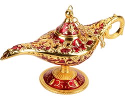 Wonderlamp Decoratie Olie Lamp in Goud Metaal met Rode Design, Magische Sfeer, 12 x 4.5 x 6.5 cm, Perfect voor Feestdagen en Interieurdecoratie