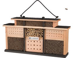 WONDERMAKE® design houten insectenhotel met 7 kamers en terras, bijenhotel groot hangend nesthulpmiddel voor wilde bijen, 48 x 10,5 x 27 cm, bruin zwart