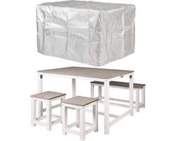 WONDERMAKE® Design Houten Tuinmeubelset met Hoes voor 4 Personen, Tuin- en Balkonset, 4-delige Eettafelset: Tafel, Bank, Stoelen, Kruk, Wit/Grijs