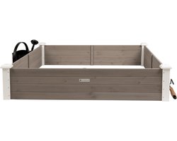 WONDERMAKE® Grote verhoogde bedrand van hout voor tuinterras, plantenbedset XL vierkant, bloembed kruidenbedrand laag decoratief, 120 x 120 x 26,5 cm, witgrijs antraciet