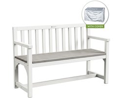 WONDERMAKE® Weerbestendige houten tuinbank met hoes, moderne 2-zits houten bank, massief houten tuinbank, natuurlijk hout, wit/grijs
