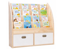 WonderMind Massief Grenenhout Montessori Kinderboekenrek – Frontale Boekendisplay – Kinderboekenrek met Canvas Opbergmanden – Kinderboekenkast met Speelgoedopbergruimte – Speelgoedkast – Speelgoedmand – Boekenkast Kinderkamer – Kinderstoel – WA-B002
