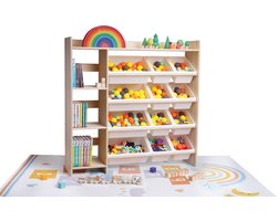 WonderMind Montessori Speelgoedkast met 9 Opslagbakken & Boekenplanken M001 - W115 × H115 × D30cm - Massief 100% Hout - Speelgoed opbergers - Speelgoedkist