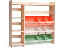 WonderMind Montessori Speelgoedkast met 9 Opslagbakken & Boekenplanken - W116 × H112 × D30cm - Massief 100% Hout - Speelgoed opbergers - Speelgoedkist - WA-M004】
