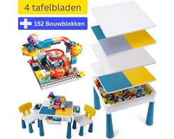 WonderMind Speeltafel BTS003 - Geschikt voor Duplo & Lego Bouwstenen - Met 2 Stoelen En 4 Speelgoed Opbergvakken - Kindertafel - Incl. 152 Bouwblokken Voor Knikkerbaan
