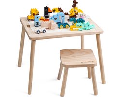 WonderMind Speeltafel WMD001 - Compatibel met LEGO & DUPLO - 100% Massief Hout - Met kruk - Kindertafel - Incl. bouwblokken
