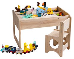 WonderMind Speeltafel WMD002 - Compatibel met LEGO & DUPLO - 100% Massief Hout - Met Stoel en Opbergruimte - Kindertafel - Incl. bouwblokken