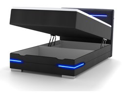 Wonello bed Dallas, 90 x 200 cm, zwart kunstleer, met opbergruimte, LED-verlichting, USB-aansluiting