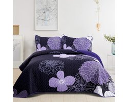 WONGS BEDDING Bedsprei 220x240 Paarse bloemen Bedsprei Zachte zomerdeken Gewatteerde deken voor tweepersoonsbed Microvezel dekbed met 2 kussenslopen 50x75