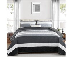WONGS BEDDING Bedsprei 220x240 Zwart Wit Strepen Dekbed 3-delig Tweepersoonsbed Gewatteerde Bedsprei Microvezel Deken met 2 Kussenslopen 50x75 voor Slaapkamer Bank Deken