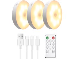 WONIX - Kastverlichting LED met Bewegingssensor - Draadloos - Oplaadbaar - Incl. afstandsbediening – met Magneet - 3 Stuks