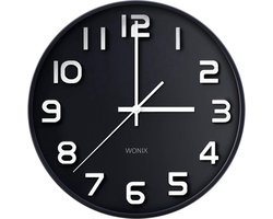 Wonix® - Wandklok - Stille Klok - modern - 30cm - Zwart en Wit